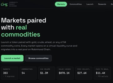 The image displays CME Group's website with the tagline "Markets paired with real commodities," showcasing $1.3B in 24-hour volume, 303 markets, 54 commodities, $878.1K locked, $27.6K in fees collected, and $11.4K paid to gold—figures that align with the post highlighting CME's $27K in fees and comparing its metrics to $PAIR.