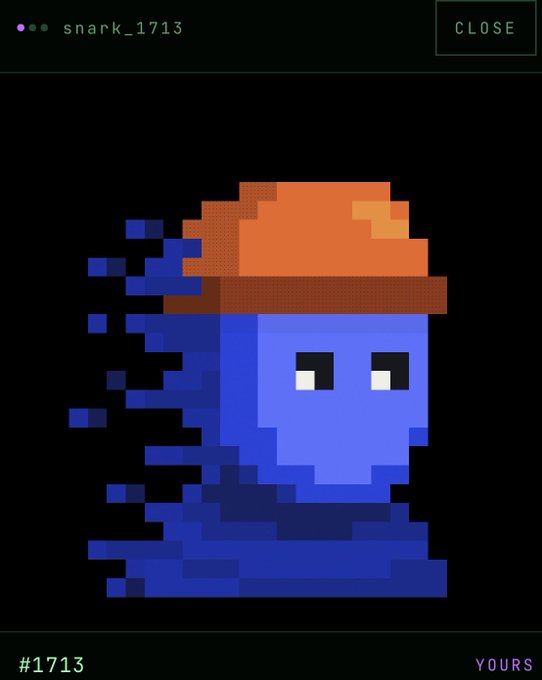 Pixel art NFT (#1713) of a purple character with an orange beanie labeled 'snark_1713' on a dark background.