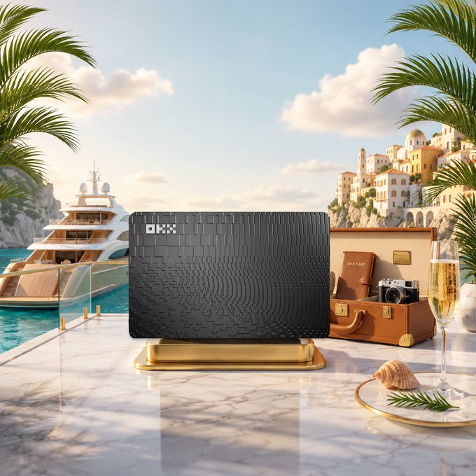 A black OKX card sits on a marble surface alongside an open suitcase, a camera, champagne, and seashells, with a luxury yacht and coastal Mediterranean town in the background. The "OKX" branding is visible on the card, aligning with the post's promotion for 10% extra cashback in USDG on eligible purchases made with the OKX Card this weekend.