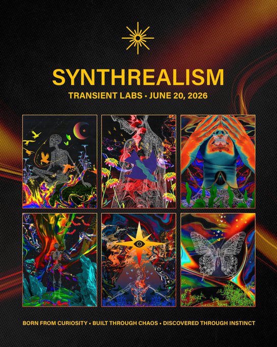 A poster for 'SYNTHREALISM' at Transient Labs on June 20, 2026, featuring six colorful, surreal psychedelic digital artworks and the tagline 'BORN FROM CURIOSITY • BUILT THROUGH CHAOS • DISCOVERED THROUGH INSTINCT'.