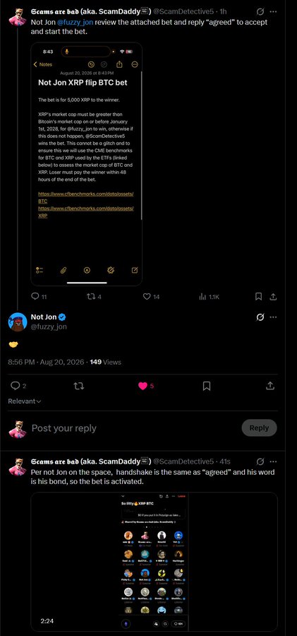 A Twitter/X thread by @ScamDetective5 announcing a 5,000 XRP bet between "Scams are bcb" and @fuzzy_jon, featuring a screenshot of the bet terms ("Not Jon XRP flip BTC bet") requiring XRP market cap to exceed Bitcoin's before January 1st, 2028, with @fuzzy_jon showing 5 likes on his profile page.