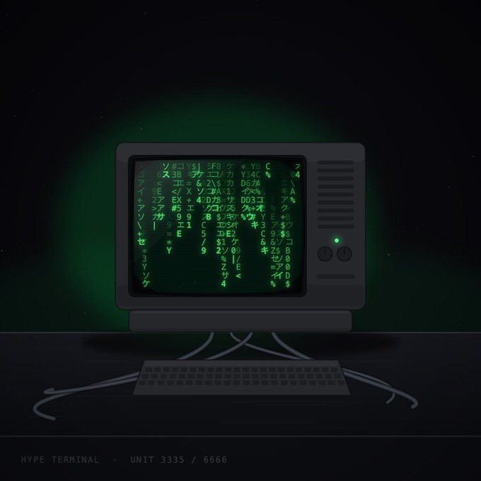 A retro-styled dark illustration features an old CRT computer monitor displaying green code/matrix text on its screen, sitting above a keyboard with cables, labeled 'HYPE TERMINAL · UNIT 3335 / 6666'.