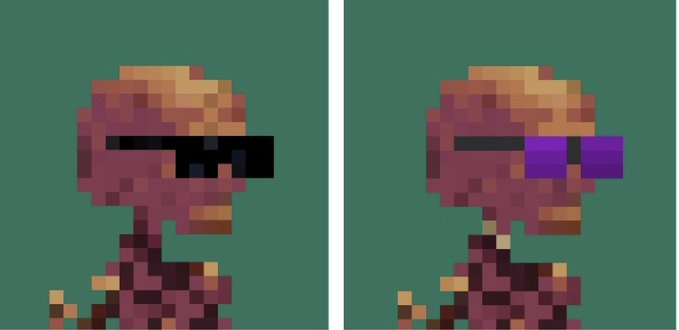 Two side-by-side pixel art portraits of a woman wearing sunglasses, with the right version featuring purple-tinted glasses.