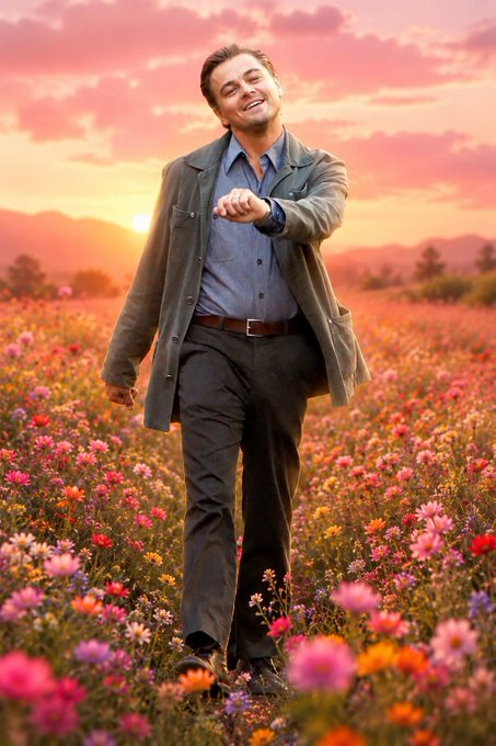 A smiling man in a blue shirt, gray trousers, and olive jacket stands in a colorful field of flowers, pointing toward the camera with a pink and orange sunset sky in the background.