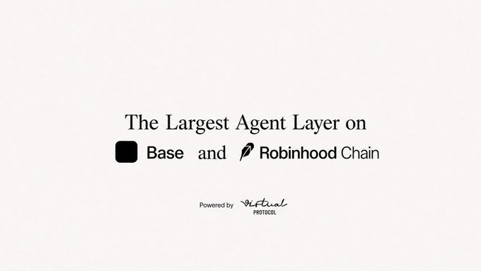 A minimalist white promotional graphic displaying the text "The Largest Agent Layer on Base and Robinhood Chain" with logos for both platforms, credited as "Powered by Virtual Protocol" at the bottom. The image serves as branding for Virtual Protocol ($VIRTUAL), the same token being accumulated by a previously dormant wallet via Binance purchases, as mentioned in the accompanying post.