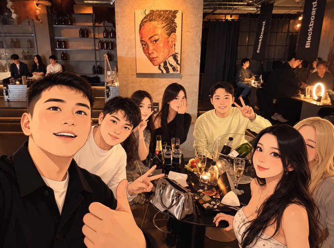 A group selfie at an upscale bar/restaurant event, with the men posing close to the camera while the women sit elegantly at a table set with wine glasses and candles in the background. A "Blackboard" sign is visible, and the post mentions spotting @BryantAi2049 from @NeoSoulAI at the "Aster" event, suggesting this gathering showcases the social atmosphere highlighted in the caption.