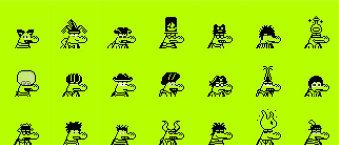 A collection of pixel-art crocodiles with various unique head accessories, hairstyles, and features displayed in a grid on a bright green background. The image represents the 4,444 NFT croc characters from the "Crocshood" collection being distributed through Robinhood, with each pixelated croc serving as a distinct digital collectible.