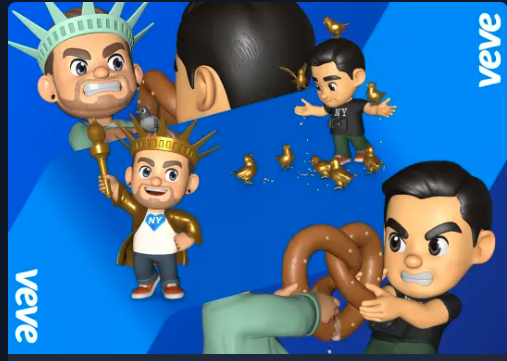 Three cartoon-style avatars with the VeVe logo, featuring one character holding a golden staff, surrounded by rubber ducks and a pretzel.