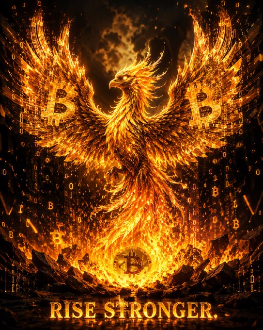 A dramatic digital artwork depicts a fiery phoenix with wings spread wide, surrounded by Bitcoin symbols and binary code, with the text 'RISE STRONGER.' at the bottom.