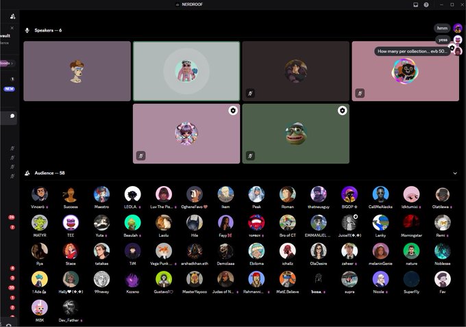 The image displays a virtual event platform called "NERDSROOF" with 6 speakers on stage (with audience of 58) featuring illustrated avatars, while the speaker panel shows someone asking "How many per collection... ezb-50..." The platform appears to be hosting a podcast or Twitter Space-style discussion, aligning with the post's mention of dropping by to join @AaronHaber and @unvault for "good tek."