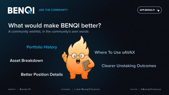 A website screenshot for BENQI titled 'What would make BENQI better?', featuring an orange flame mascot holding a laptop, listing community wishlist items like 'Portfolio History' and 'Asset Breakdown'.