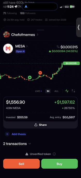 A cryptocurrency trading app screen showing a token named 'MESA' with a current price of $0.000315 and an invested amount of $555.59.