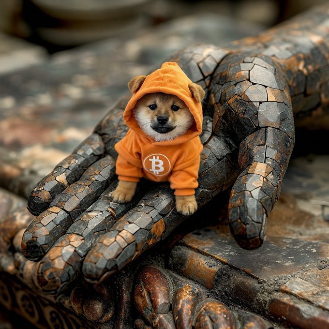 An AI-generated or artistic image of a small dog wearing an orange hoodie with the Bitcoin logo, sitting on what appears to be a textured stone hand.