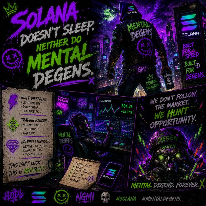 The image features a poster with a man wearing a black hoodie, standing next to a computer screen displaying stock market data. The poster also includes text that reads "Solana doesn't sleep neither mental deegens. We don't follow the market. We don't follow the hunt. We're already trading on it. Survive this cycle and you'll understand why $SOL changes everything."
