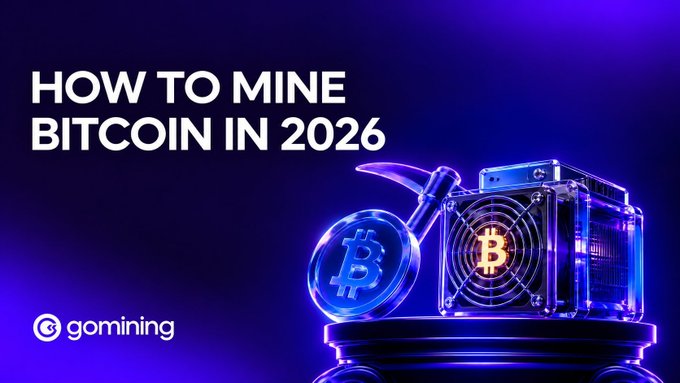 A promotional graphic with the text 'HOW TO MINE BITCOIN IN 2026' alongside a 3D rendering of a Bitcoin coin, a pickaxe, and a mining rig, branded with the 'gomining' logo.