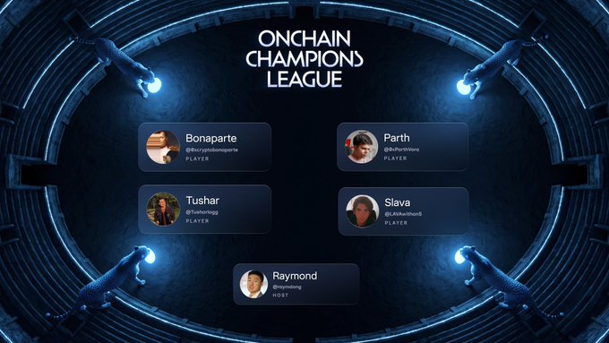 A futuristic Onchain Champions League graphic shows four finalists—Bonaparte, Parth, Tushar, and Slava—with Raym0nd labeled as host. The image promotes the live PVP trading finals on Veranta and Build on Base, set for 10 AM EST and powered by Base.