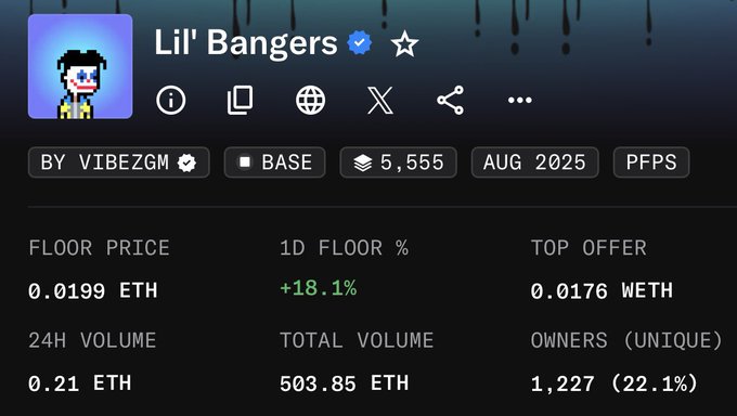 A screenshot of an NFT collection page titled 'Lil' Bangers' by vibezgm, showing a floor price of 0.0199 ETH, 1D floor change of +18.1%, top offer of 0.0176 WETH, and 1,227 unique owners.