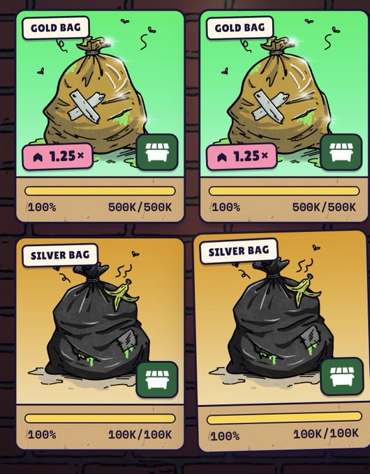 The image displays four progress bars on cards: two "Gold Bag" cards at 100% (500K/500K) and two "Silver Bag" cards at 100% (100K/100K), each showing a 1.25× multiplier reward. This visual relates directly to the accompanying post about $DUMPSTR, illustrating the token's staking rewards system where users lock SOL into Gold or Silver bags to earn passive yield, with staking tiers already fully filled.