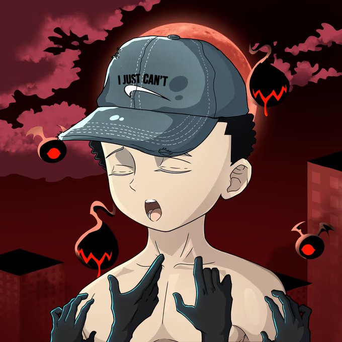 A digital illustration shows a character wearing a baseball cap reading 'I JUST CAN'T', surrounded by demonic creatures and silhouetted buildings against a red moon.
