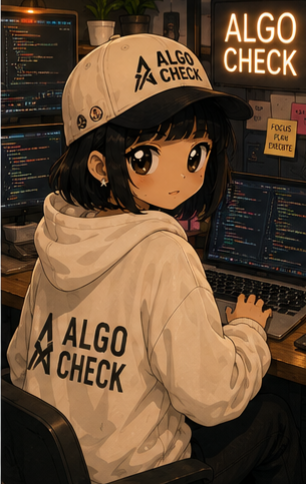 An anime-style illustration of a girl wearing a white cap and hoodie branded with 'ALGO CHECK,' sitting at a desk with a 'FOCUS FLOW ENTRY' sticky note.