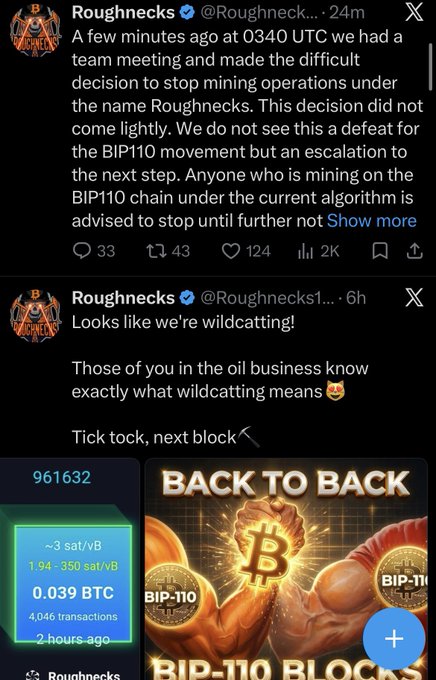 Screenshots of X (Twitter) posts from the verified account 'Roughnecks @Roughnecks1...' announcing they are stopping mining operations and 'wildcatting' on the BIP110 chain, referencing 'BIP-110 BLOCKS'.