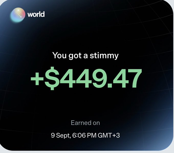 A notification from the Worldcoin (world) app showing a received stimulus of "+$449.47" earned on 9 Sept at 6:06 PM GMT+3, visually illustrating the airdrop reward users can claim by simply connecting their Solana wallet and trading a small amount, without depositing funds.