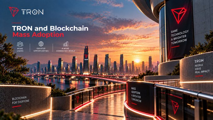 A promotional graphic for TRON displays the text "TRON and Blockchain Mass Adoption" alongside a futuristic cityscape with red TRON logos and slogans like "SAME TECHNOLOGY A BRIGHTER TOMORROW," "MORE USERS," "GREATER OPPORTUNITIES," and "A MORE CONNECTED WORLD."