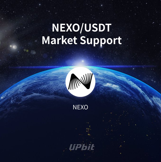 A promotional graphic featuring Earth from space with a starry sky, displaying the text "NEXO/USDT Market Support" alongside the NEXO logo, indicating the NEXO token's listing on Upbit for USDT trading as announced in the accompanying post.