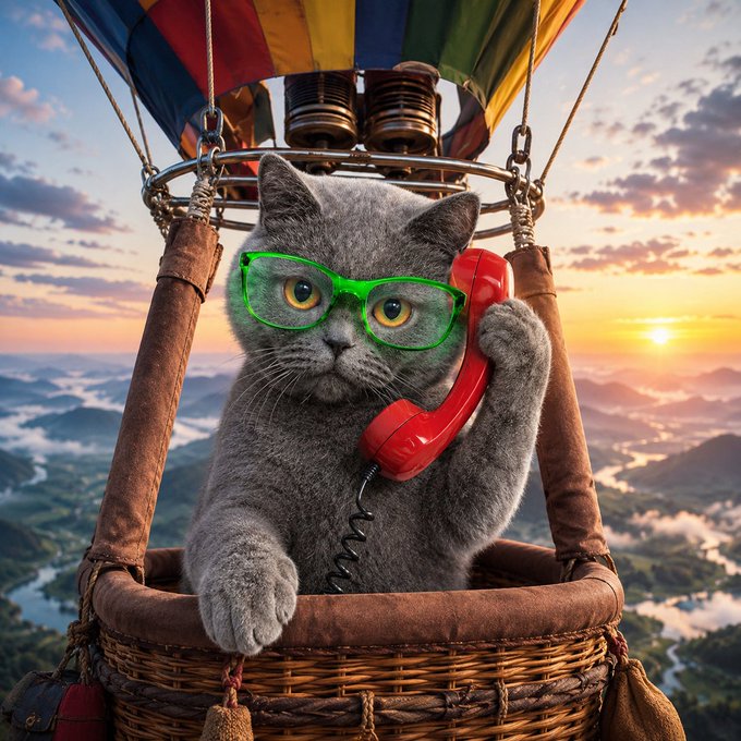 A surreal AI-generated image of a gray cat wearing green glasses and holding a red telephone receiver in a hot air balloon basket above a sunset landscape.
