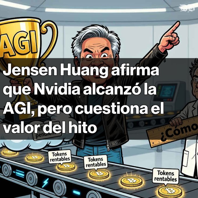 A cartoon illustration of Jensen Huang holding an 'AGI' trophy, overlaid with Spanish text reading 'Jensen Huang afirma que Nvidia alcanzó la AGI, pero cuestiona el valor del hito'.