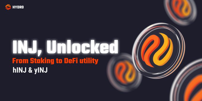 A dark promotional graphic featuring floating Hydro logos (orange flame-like "H" emblems inside circular frames) with text reading "INJ, Unlocked — From Staking to DeFi utility" and "hINJ & yINJ," visually highlighting the expansion of $INJ's utility through Hydro's native DeFi strategies.