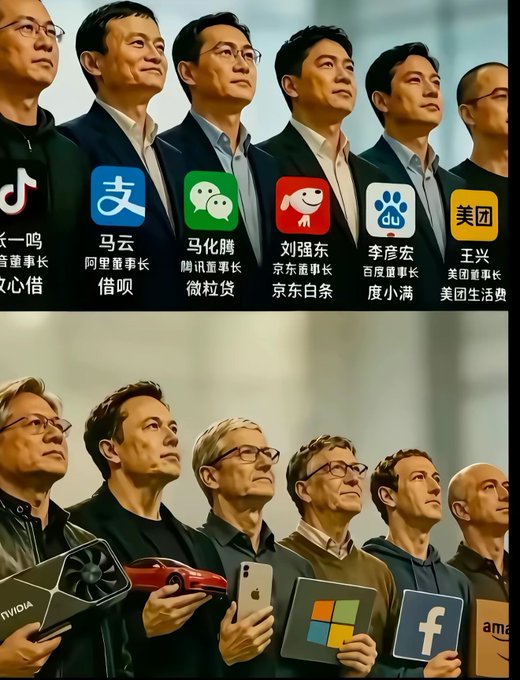 The image shows two rows of tech executives with their company logos and Chinese text identifying them—top row featuring Chinese entrepreneurs (Jack Ma/Alibaba, Pony Ma/Tencent, Liu Qiangdong/JD, Li Yanhong/Baidu, Wang Xing/Meituan) and bottom row showing Western tech leaders holding products (Nvidia GPU, Tesla car, iPhone, Windows/Microsoft, Facebook, Amazon). The caption request relates to identifying which company doesn't offer loans—Wang Xing's Meituan (美团生活贷) is notably the only one in the top row not associated with a consumer lending/loan service, unlike the others who offer products like 借呗, 微粒贷, 京东白条, 度小满, and 抖音.
