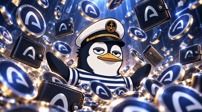 An illustration of a penguin wearing a sailor hat surrounded by floating coins and wallets featuring a stylized 'A' logo, likely representing the APE cryptocurrency.