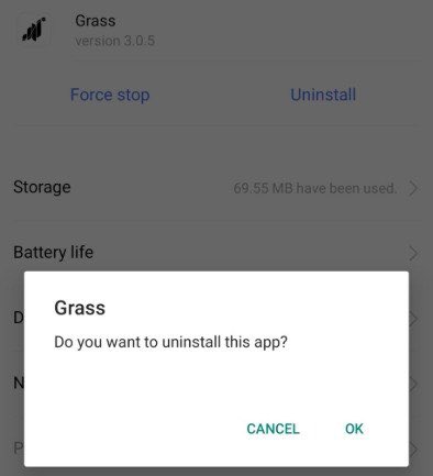 An Android system dialog confirming the uninstallation of the 'Grass' app (version 3.0.5), showing storage usage of 69.55 MB.