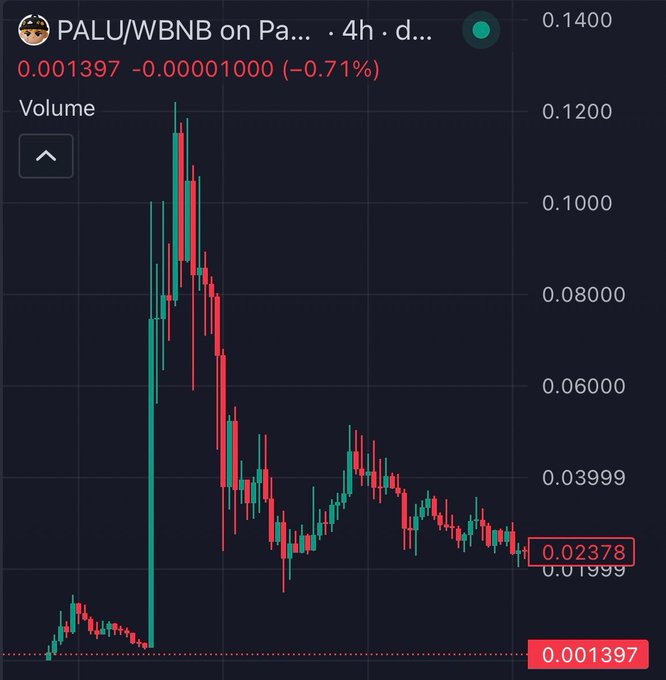 The image shows a candlestick chart for PALU/WBNB on PancakeSwap with a 4-hour timeframe, displaying a significant decline from a peak around 0.1200 to its current price of 0.001397 (-0.71%), highlighting a heavy downtrend in the token's value.