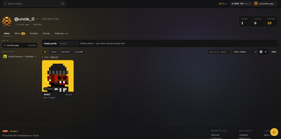 A Zorbits marketplace profile page for user '@uncle_0', showing an NFT collection featuring a pixel art character with 1 item owned.