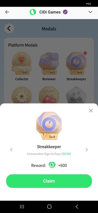 A mobile app screenshot of CiDi Games showing the Medals section with the Streakkeeper Lv.4 badge being claimed for a 90/90 consecutive sign-in streak, rewarding +600 Pi coins.