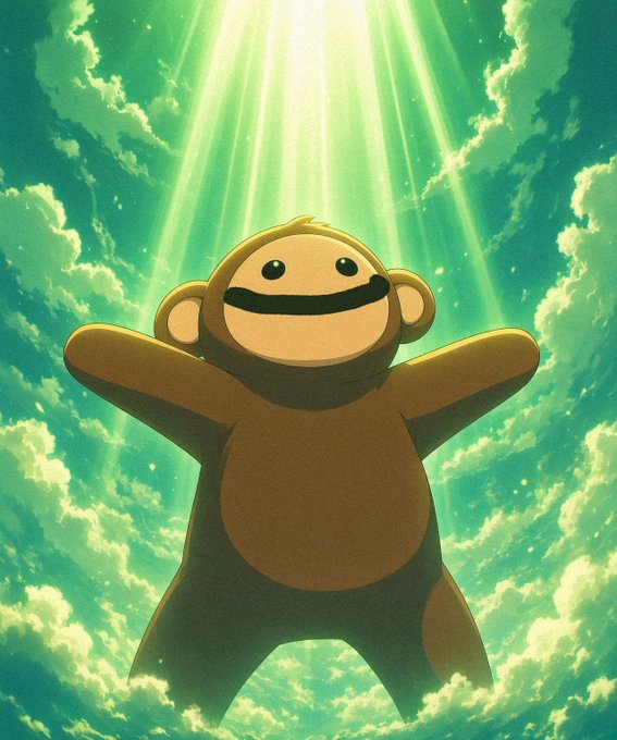 A cheerful brown monkey figure stands triumphantly with arms outstretched against a radiant green cloudy sky, symbolizing bullish momentum. The image's uplifting, "to the moon" energy perfectly matches the post's "bullrun, take the wheel" sentiment of optimistic market takeover.