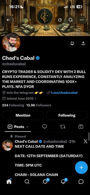 A Twitter/X profile page for "Chad's Cabal" (@chadscabal), a verified account with 13.9K followers describing themselves as a "CRYPTO TRADER & SOLIDITY DEV WITH 2 BULL RUNS EXPERIENCE", with a pinned post announcing a call on 12th September at 5PM UTC on Solana chain.
