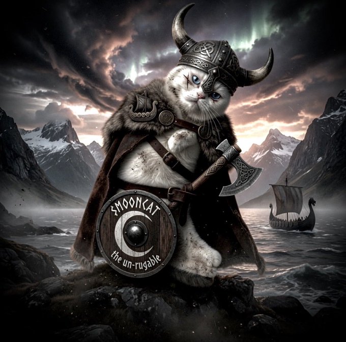 A digital illustration of a white cat dressed as a Viking warrior, wearing a horned helmet, fur cloak, and holding an axe and shield labeled 'SMOONCAT the un-rugable' against a stormy mountainous backdrop with a Viking ship.