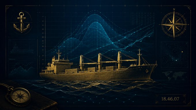 A stylized, schematic illustration of a cargo ship on a grid background, featuring nautical elements like an anchor and compass, with graphical data overlays and the time '18.46.07'.