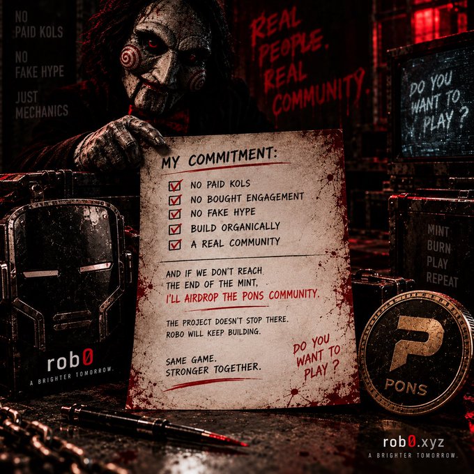 Dark promotional graphic featuring a masked figure, metallic “rob0” and “PONS” logos, and a commitment checklist that reads “NO PAID KOLS,” “NO BOUGHT ENGAGEMENT,” “NO FAKE HYPE,” “BUILD ORGANICALLY,” and “A REAL COMMUNITY,” with “rob0.xyz” shown at the bottom.