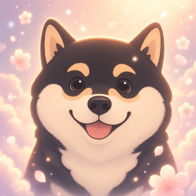 A cute illustration of a smiling Shiba Inu dog surrounded by falling cherry blossom petals.