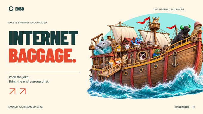 An advertisement for "ENSO" featuring the tagline "INTERNET BAGGAGE" with illustrations of various internet meme characters (cats, Doge, Pepe) packed onto a pirate ship.