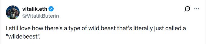 A screenshot of a tweet from Vitalik Buterin (@VitalikButerin) reading, "I still love how there's a type of wild beast that's literally just called a 'wildebeest'." The image is being used to promote a meme token called "$wildebeest" on the Ethereum blockchain, leveraging Vitalik's tweet as social validation.