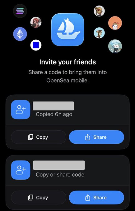 A screenshot of the OpenSea mobile app displaying an "Invite your friends" referral page with two invitation codes—one previously copied 6 hours ago and another ready to copy or share—illustrating the giveaway of OpenSea invite codes referenced in the post.