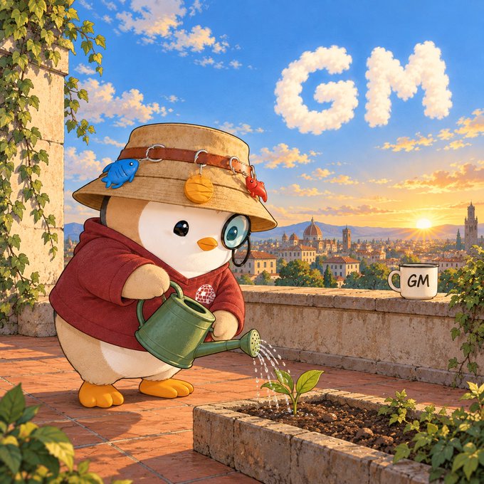 An illustration of a cute penguin wearing a straw hat and red hoodie watering a small plant, with 'GM' spelled out in clouds over a sunset cityscape resembling Florence.