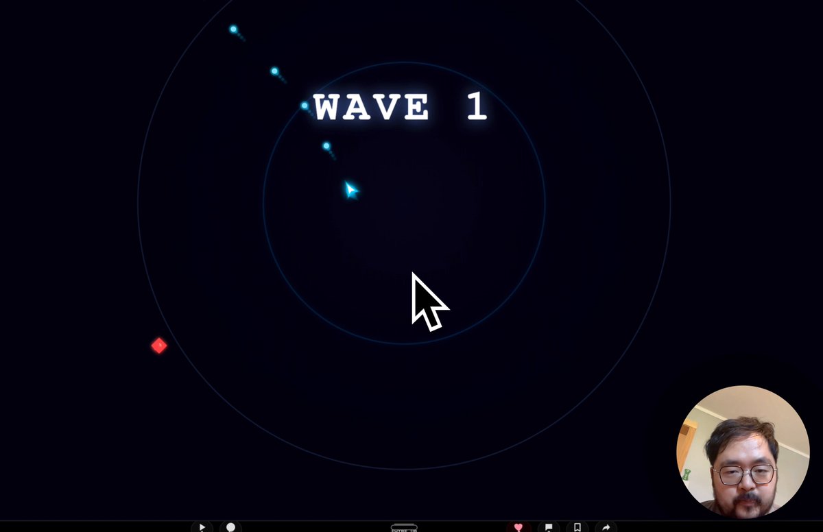 The image shows a man wearing glasses playing a video game. The game appears to be a wave-based game, with the player's character riding a surfboard through waves. The background of the image features a black screen displaying the text "WAVE 1".