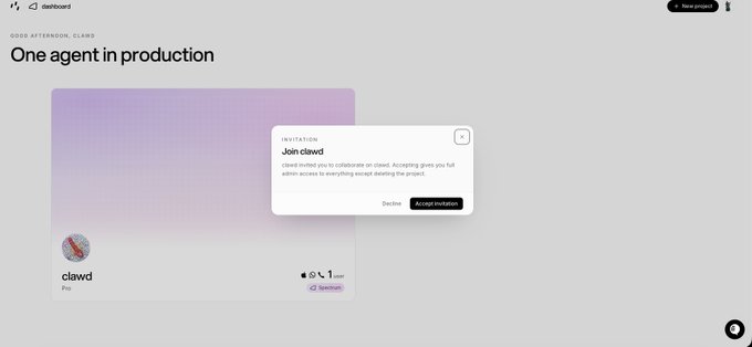A dashboard screen for 'clawd' showing 'One agent in production' with a pop-up invitation to join 'clawd' and accept administrator access.