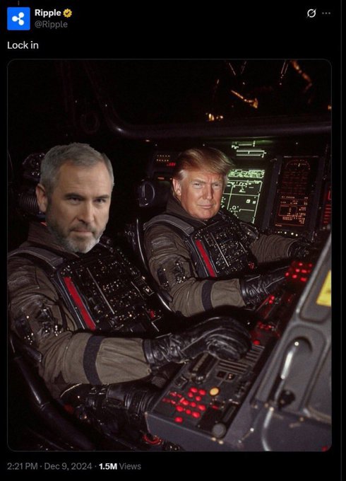 Donald Trump and Brad Garlinghouse are depicted in the cockpit of a spaceship, with the post's caption "Lock in" suggesting a readiness for action or commitment.